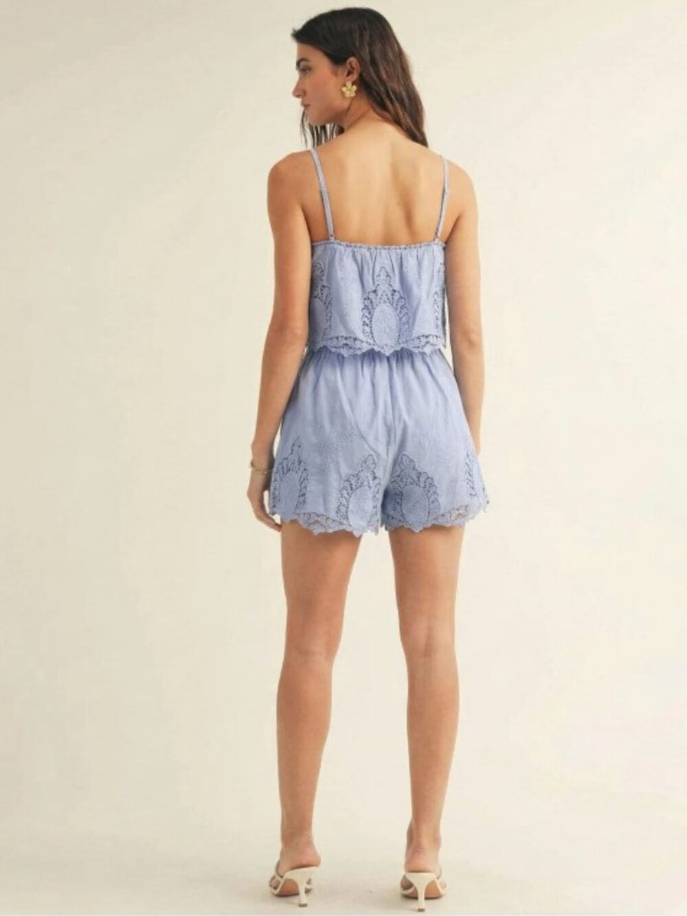 Ice Blue Just Me Sleeveless Tank & Short Sleeve Blouse & Crochet Shorts 3pc Set - Picture 3 of 3